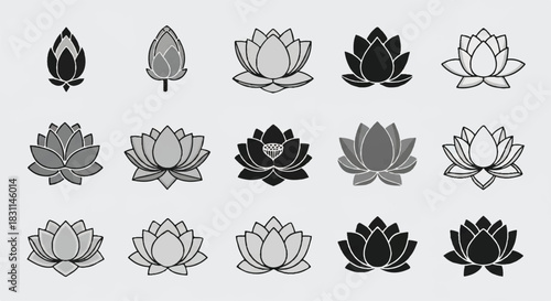 Collection of Stylized Lotus Flower Icons in Various Designs and Shades.