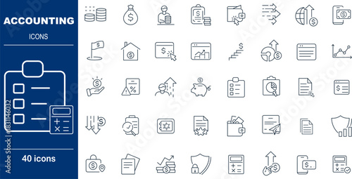 Accounting and Finance Bookkeeping Vector Icons. Set of 40 editable stroke symbols for taxes, auditing, and business metrics. Includes calculator, ledgers, and growth charts