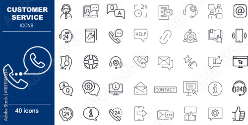 Customer Service and Support Vector Icons. Set of 40 editable stroke symbols for help desks, communication, and client assistance. Includes headset, chat, and 24/7 service