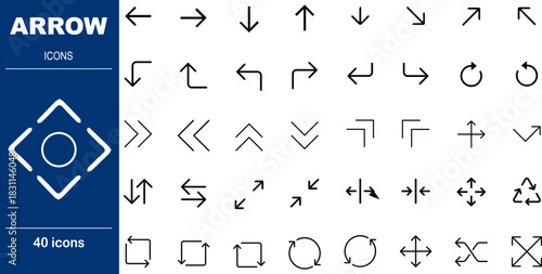 Arrow and Direction Navigation Vector Icons. Set of 40 editable stroke symbols for movement, controls, and UI. Includes pointers, rotation, and exchange arrows