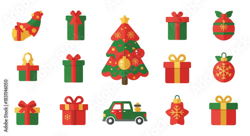 Christmas Holiday Objects Collection Festive Decorations and Gifts.