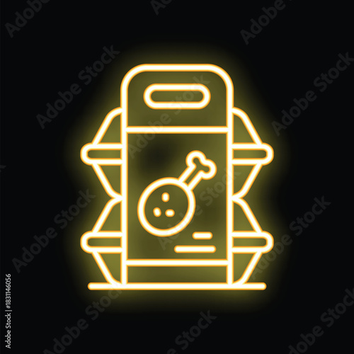Yellow neon sign of a bucket full of fried chicken, glowing on a black background