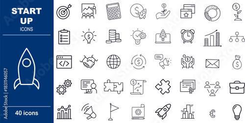 Startup Business Launch and Growth Vector Icons. Set of 40 editable stroke symbols for innovation, strategy, and funding. Includes rocket, target, and growth charts