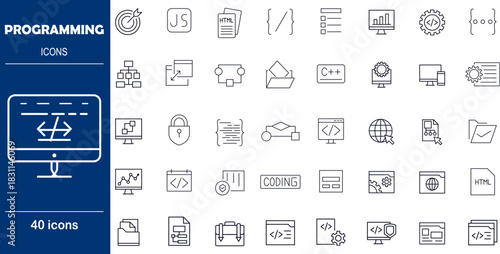 Programming and Software Development Vector Icons. Set of 40 editable stroke symbols for coding languages, tools, and web design. Includes code brackets, bugs, and performance graphs