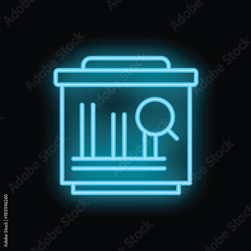 Blue neon icon of a flip chart with an analysis represented by a bar graph and a magnifying glass