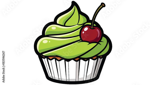 Delicious Green Frosted Cupcake with a Red Cherry Topping.