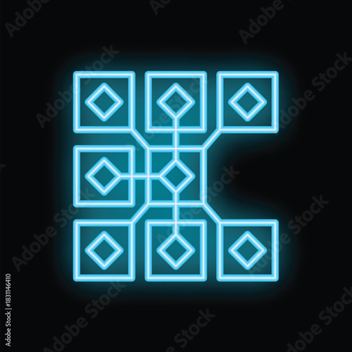 Glowing neon blue blockchain network representing crypto currency and decentralized finance