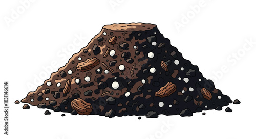 Illustration of a pile of dirt with seeds and rocks.