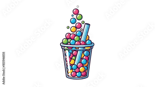 Colorful bubble tea cup with straw and many vibrant spheres.