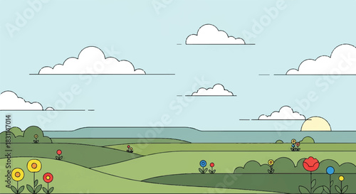 Scenic illustration of a vibrant green landscape with colorful flowers and fluffy clouds.