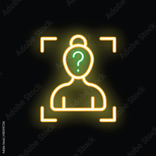 Neon glowing symbol of a person with a question mark above their head, symbolizing anonymity or an unknown person