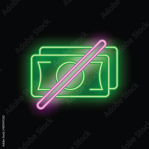 Green and pink neon sign showing paper currency with a diagonal line through it on a black background