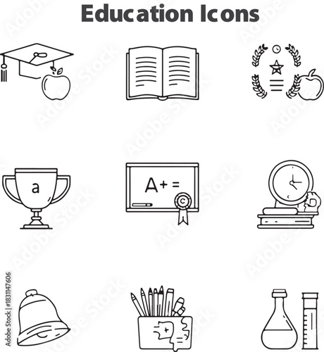 Online education icon set. Containing video tuition, e-learning, online course, audio course, educational website and digital education icons. 
