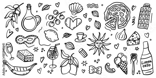 Hand drawn Italy doodles with cuisine, architecture and cultural elements