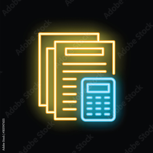 Glowing neon icon of a calculator calculating invoice papers on a black background