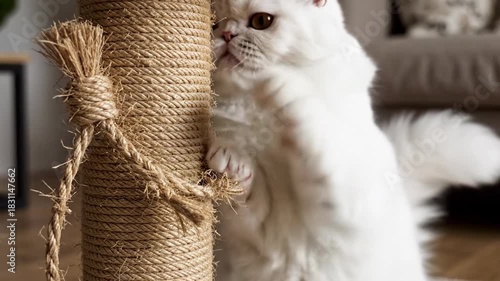 Fluffy white cat scratching natural rope post