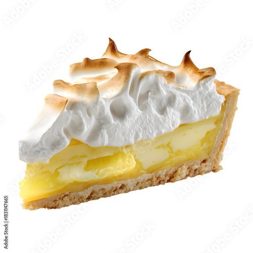 A single slice of lemon meringue pie with a golden crust isolated view