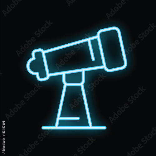 Blue neon icon of a telescope standing on a tripod, representing astronomy and stargazing