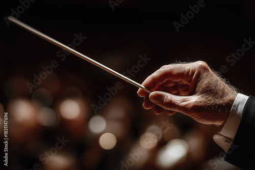 Mature man holding conductor's baton leading orchestra performance