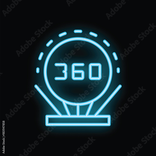 Blue neon icon of a 360 degrees rotation symbol, glowing on a black background