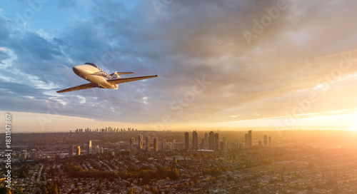 Photography Sunset Private Jet Over Burnaby And Vancouver Bay: Modern Airplane At Dusk