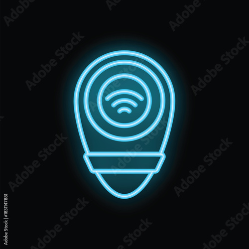 Neon location pin glowing on a black background, showing wireless internet connection symbol