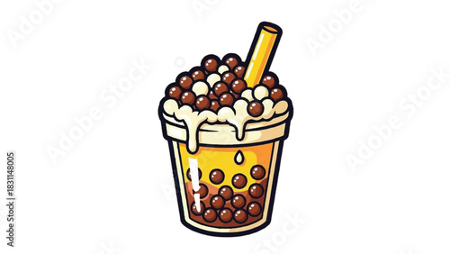 Delicious Bubble Tea Drink with Tapioca Pearls and Straw.