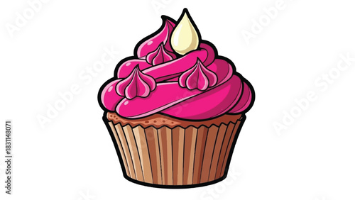 Delicious Pink Frosted Cupcake with Swirls and Topping.