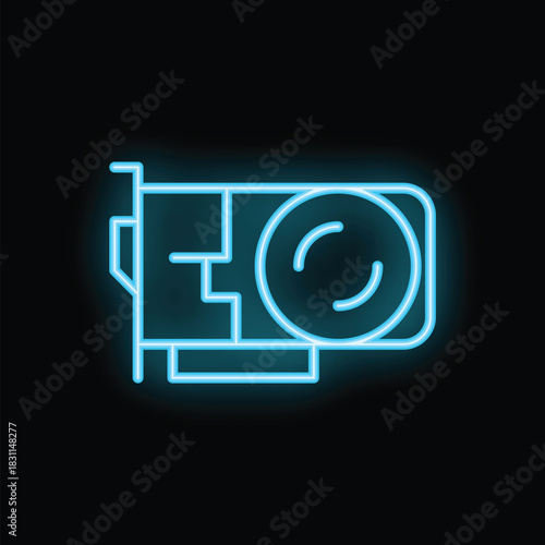 Glowing blue neon icon of a video card, a crucial component for gaming and graphic design