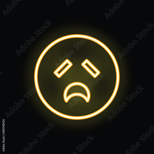 Yellow glowing neon icon of a sad face, expressing disappointment and sadness