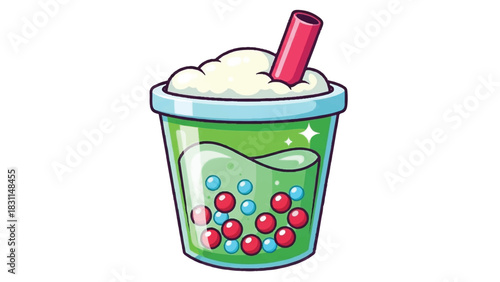 Vibrant Green Bubble Tea with Red and Blue Boba Pearls and Whipped Cream Topping.