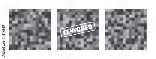 Vector pixelated blur censorship effect with mosaic blocks and censored label, abstract distorted pattern for adult content masking, sensitive media obscuring and privacy protection design