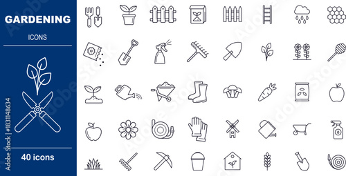 Gardening and Horticulture Planting Vector Icons. Set of 40 editable stroke symbols for tools, plants, and farming. Includes shears, trowel, and watering can