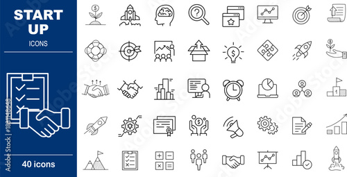 Startup and Entrepreneurship Business Vector Icons. Set of 40 editable stroke symbols for innovation, funding, and growth. Includes handshake, rocket, and investment concepts