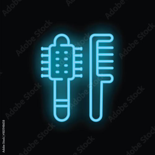 Neon sign of a comb and a brush glowing blue, perfect for representing a hairdressing salon