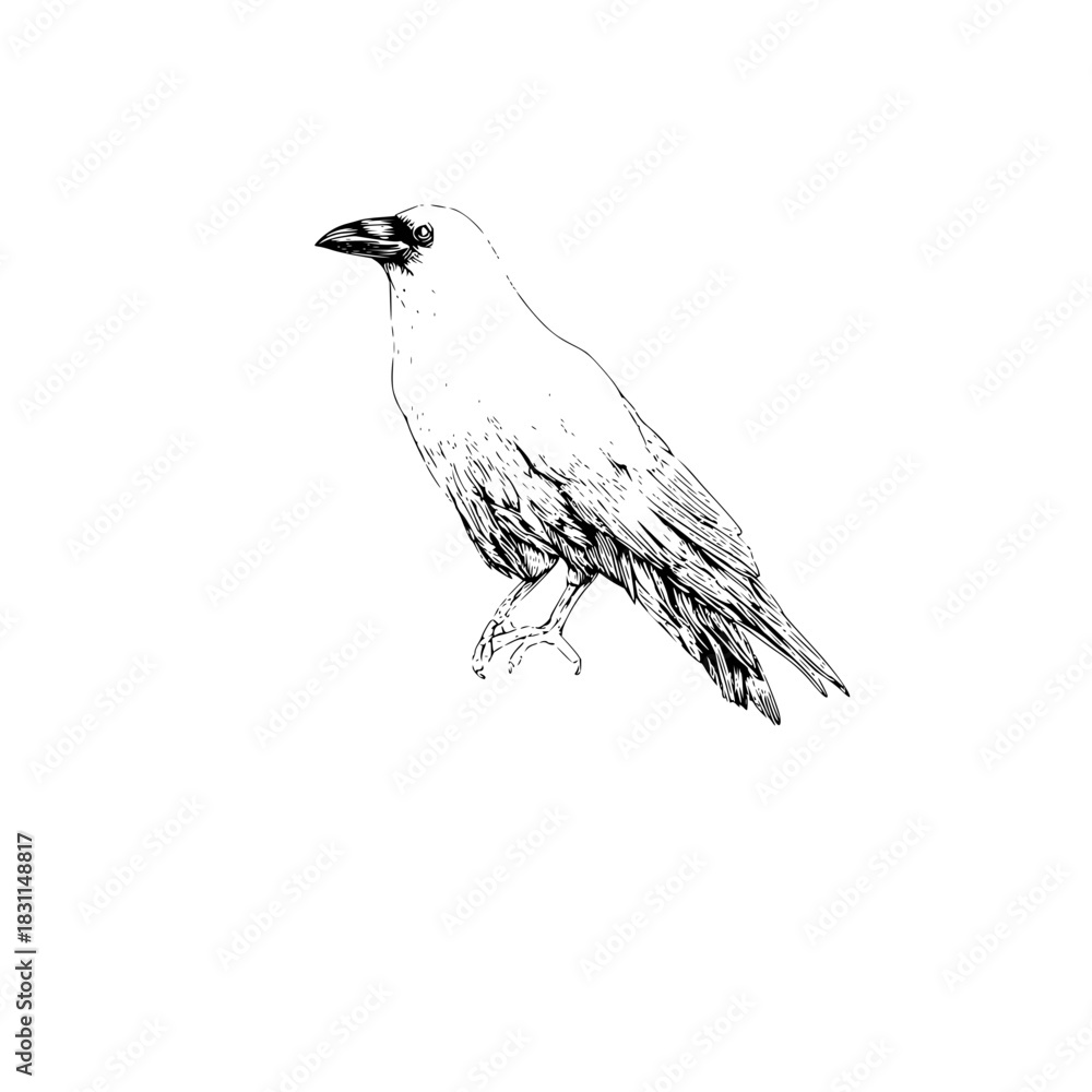 Fototapeta premium Detailed black and white raven illustration for wildlife enthusiasts and bird watchers alike.