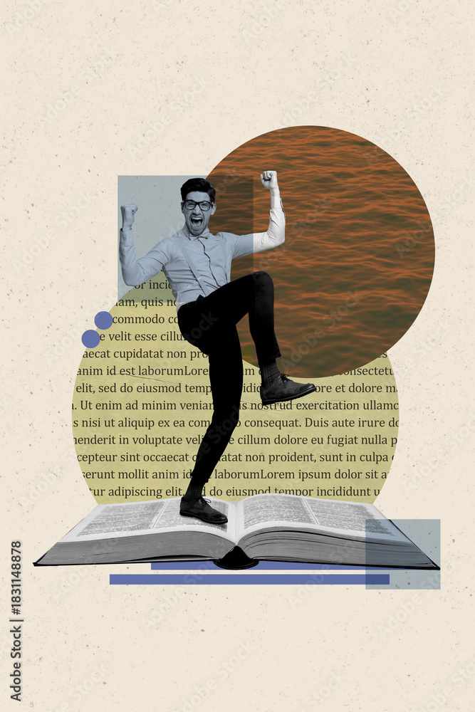 Naklejka premium Exclusive pop vertical sketch art collage of happy student girl guy do homework open book education concept bookworm hobby reader