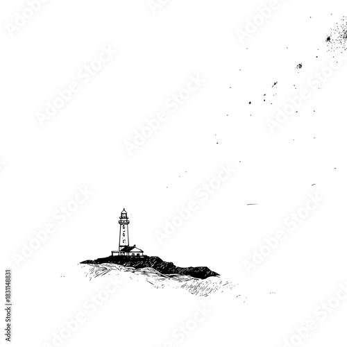 Lighthouse illustration drawing black and white coastal navigation beacon maritime safety guidance system art