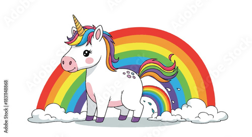 Cute cartoon unicorn with rainbow and clouds illustration.