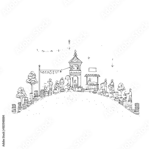 Illustration of a bustling marketplace with people, stalls, and tower in black and white sketch style