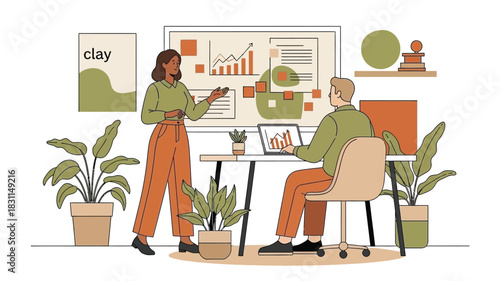 Businesswoman presents data analysis on large screen to male colleague using laptop illustrating corporate meeting financial report and planning in office environment