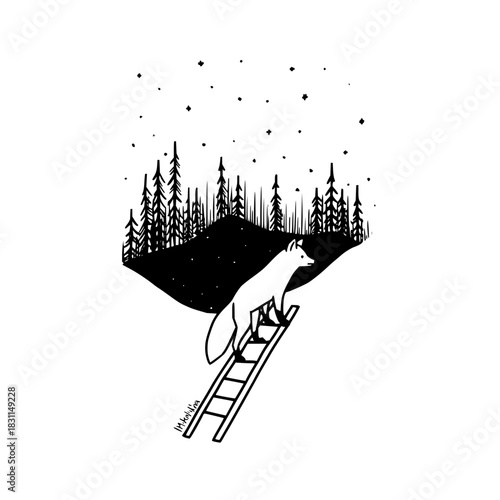 Fox climbing ladder to forest illustration art print black and white minimalist design home decor gift idea