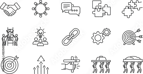 Collection of business related line icons representing concepts like teamwork communication partnership and success on a transparent background