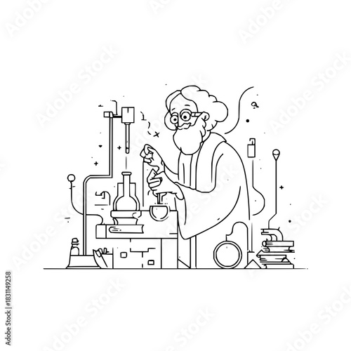 Illustration of scientist conducting experiment in laboratory research science education chemistry lab work