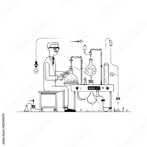 Scientist conducting experiment in laboratory with beakers and flasks line art illustration vector design