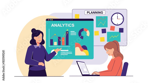 Businesswoman presenting analytics data and planning information on screen to colleague using laptop, demonstrating effective strategy for corporate success and project management