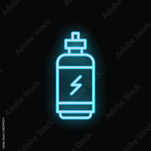 Blue neon sign of sport nutrition is glowing on a black background
