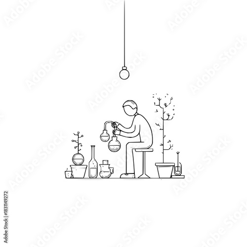 Illustration of alchemist performing experiment in lab with plants and scientific equipment art drawing
