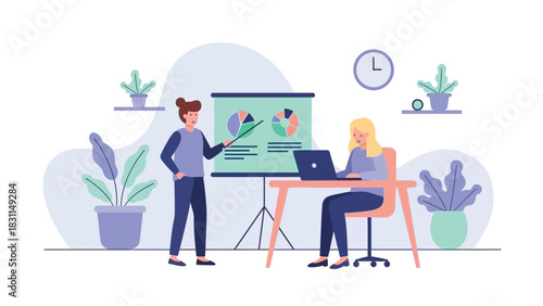 Business executive presenting company's financial results and strategic plans using visual aids to colleague working on laptop in a corporate office environment