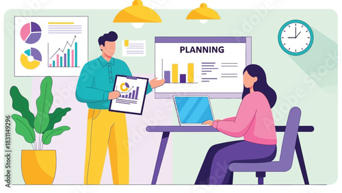 Two business colleagues planning strategy and analyzing charts on presentation board in modern office, financial graphs and data analysis during business meeting